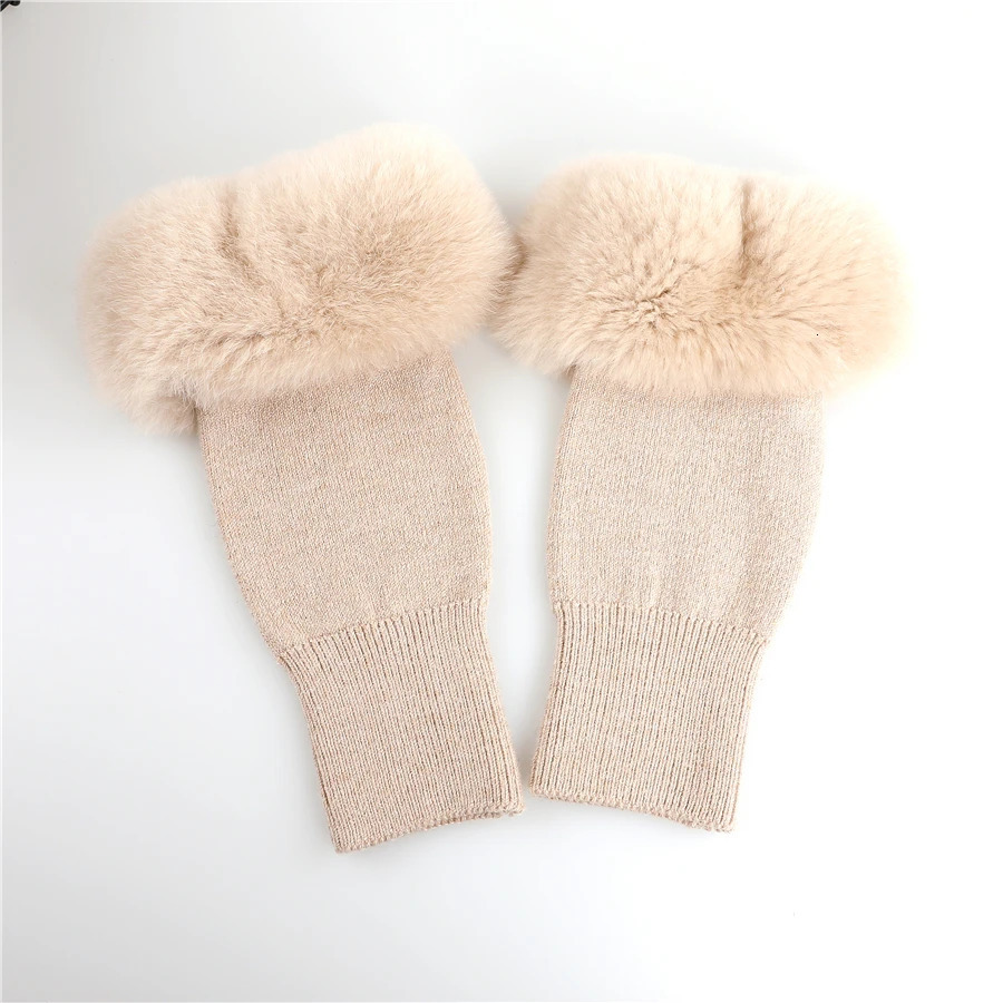 Winter Fashion Womens Wool Knitted Real Rex Rabbit Fur Fingerless Gloves Cuffs Girls Warm Mittens Wrist Warmer Elastic Fluffy 241225