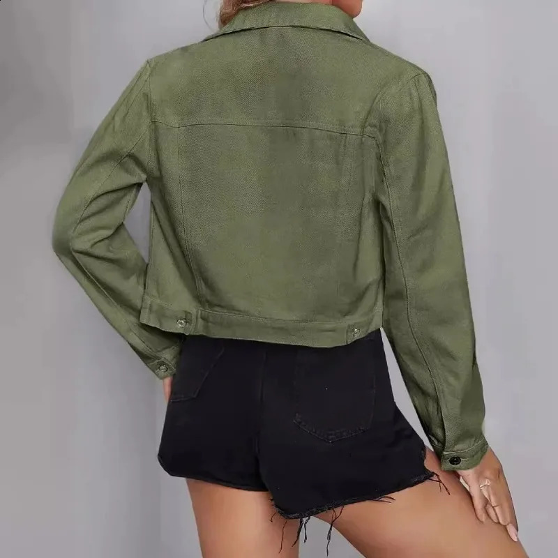 Womens denim jacket coat vintage collar American retro autumn single chest button plain coat cropped jeans cardigan sweater 241219