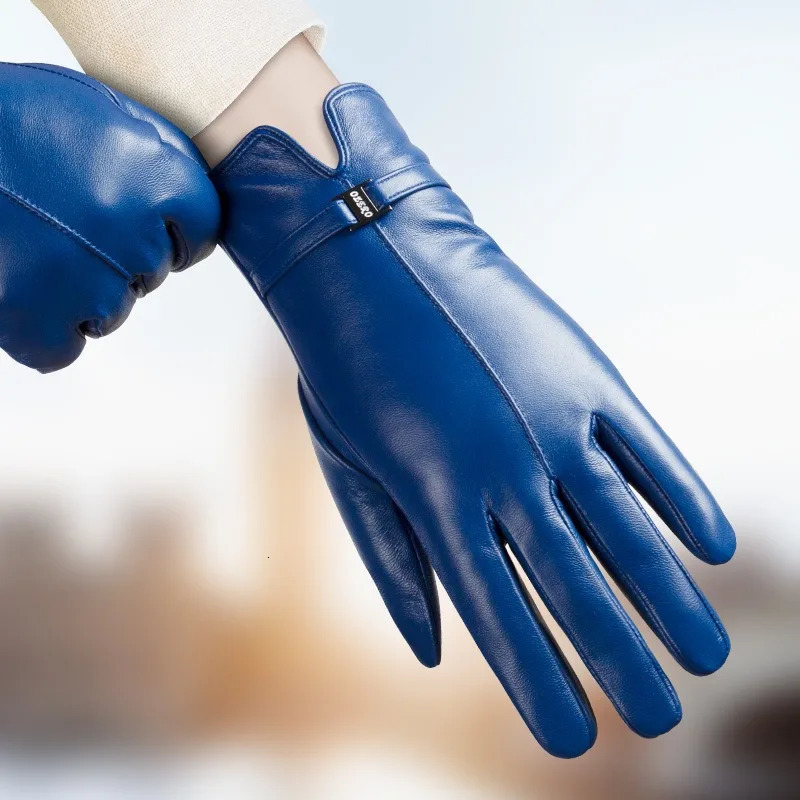 Touch screen sheepskin warm gloves Ladies fashion winter outdoor cycling driving business leather gloves plus fleece 241225