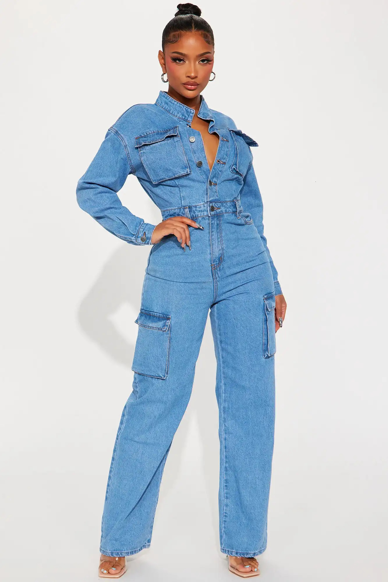 Multi Pockets Stretch Jeans Cargo Jumpsuit Sexy Women Turn Down Collar Elegant Denim Casual Romper Overalls 241224