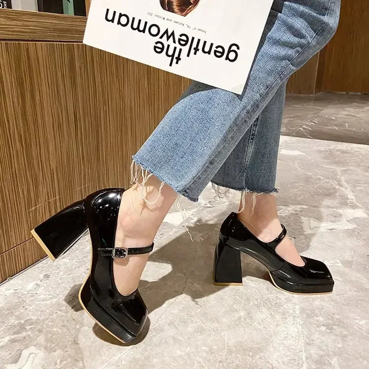 Platform Pumps Womens Square Toe Thick Heels Mary Janes Womens Patent High Heels Party Shoes Square Toe Square Heel 241225