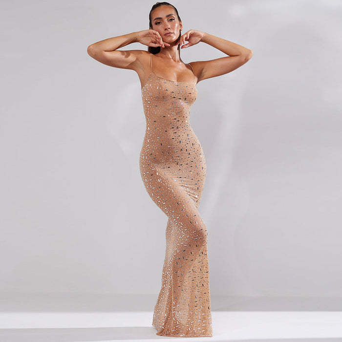 Diamond Long Evening Dress Women Spaghetti Straps Sleeveless Mermaid Slim Bodycon Dress One-piece Sexy Summer Clothes