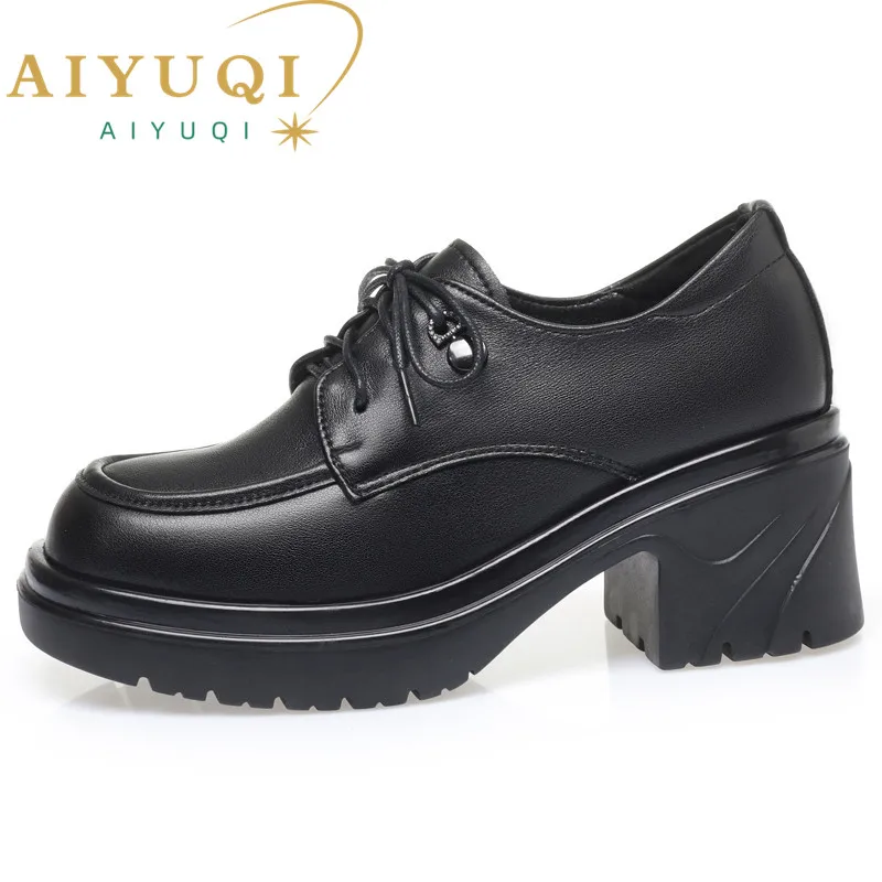 AIYUQI Women Loafers High-heel Fashion Genuine Leather Platform Women British Style Shoes Large Size Spring Shoes Women