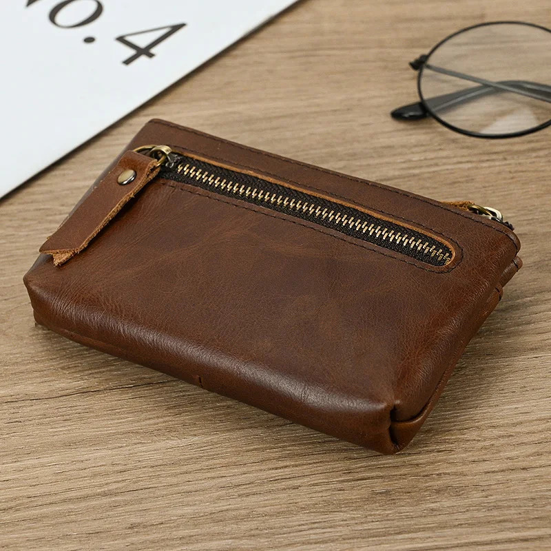 Little Coin Genuine Real Cowhide Mens Leather Short Mini Purse Men Women Wallet Card Zip With Key Ring