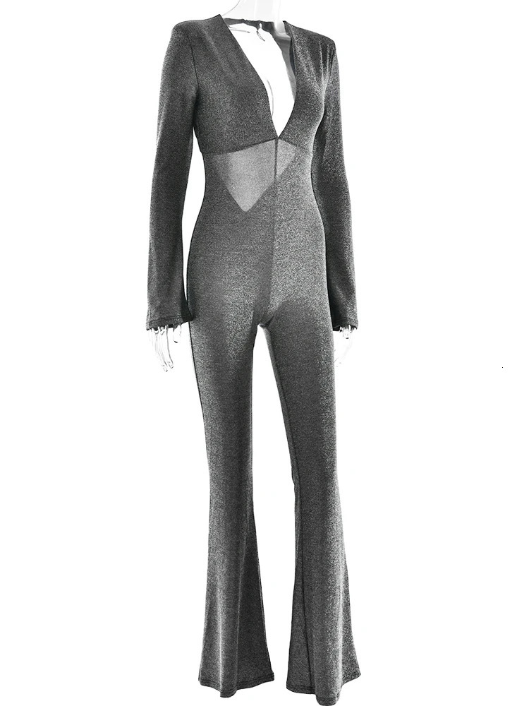 Fantoye Glitter Bright Silk Deep Vneck Women Jumpsuit Black Backless Long Sleeve Playsuit Winter Skinny Elegant Party Clubwear 241225