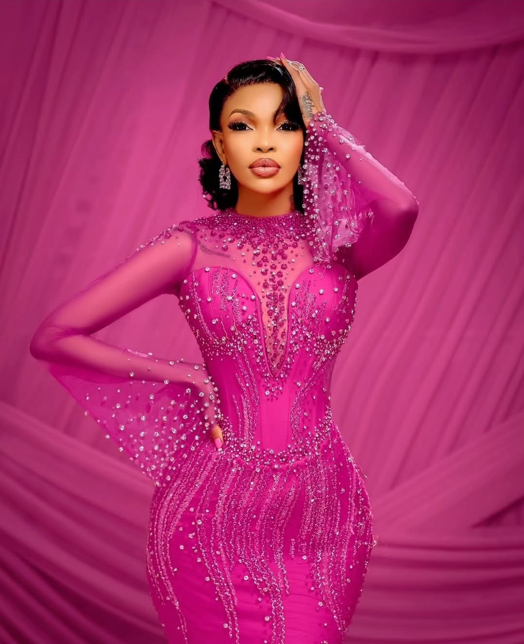 2025 Plus Size Fuchsia Prom Dress For Special Occasions Mermaid Evening Dresses Sheer Neck Long Sleeves Beaded Lacce Birthday Dress Second Reception G