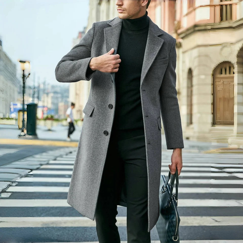 Winter Jakcets Man Long Business Casual Mans Jacket Warm Tweed Coat Lined Single Breasted Male Clothes 241225