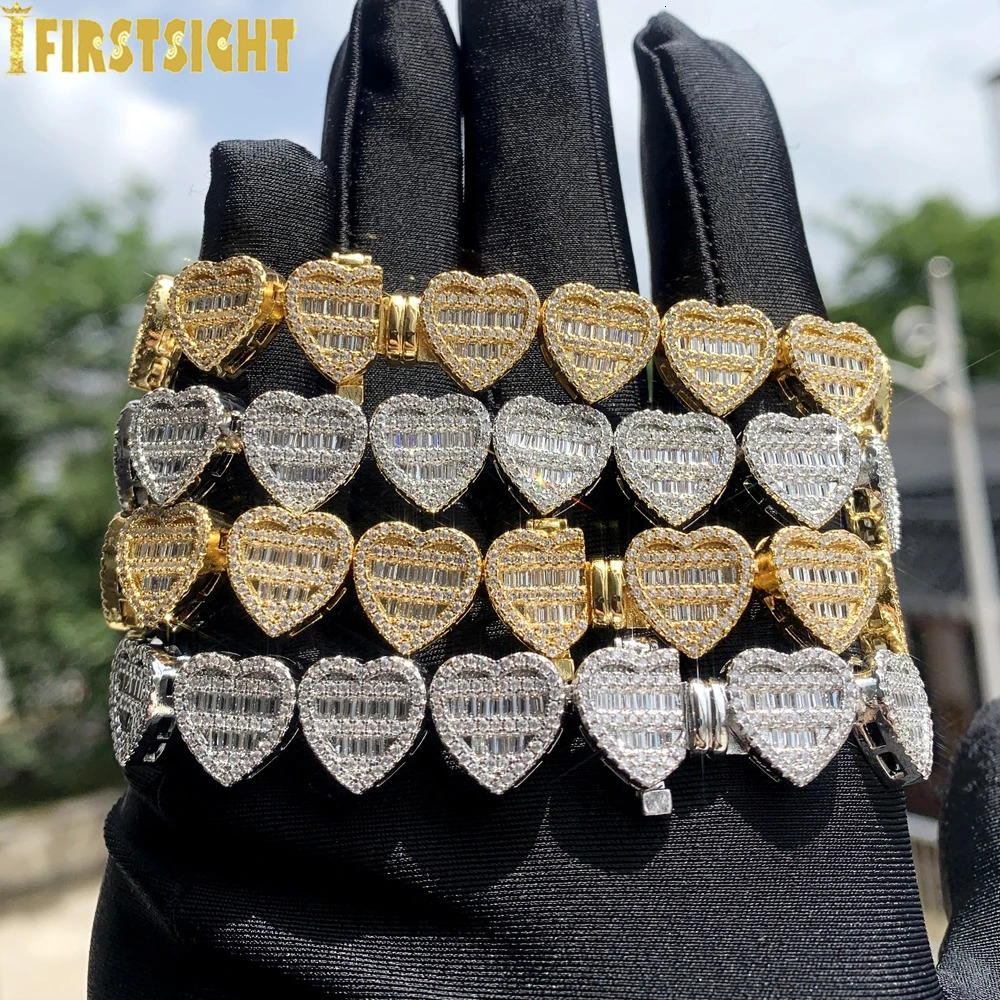 Iced Out CZ Heart Bracelet Silver Color Micro Pave Prong Setting 12MM Hearts Charm Link Chain For Women Hip Hop Jewelry 241225