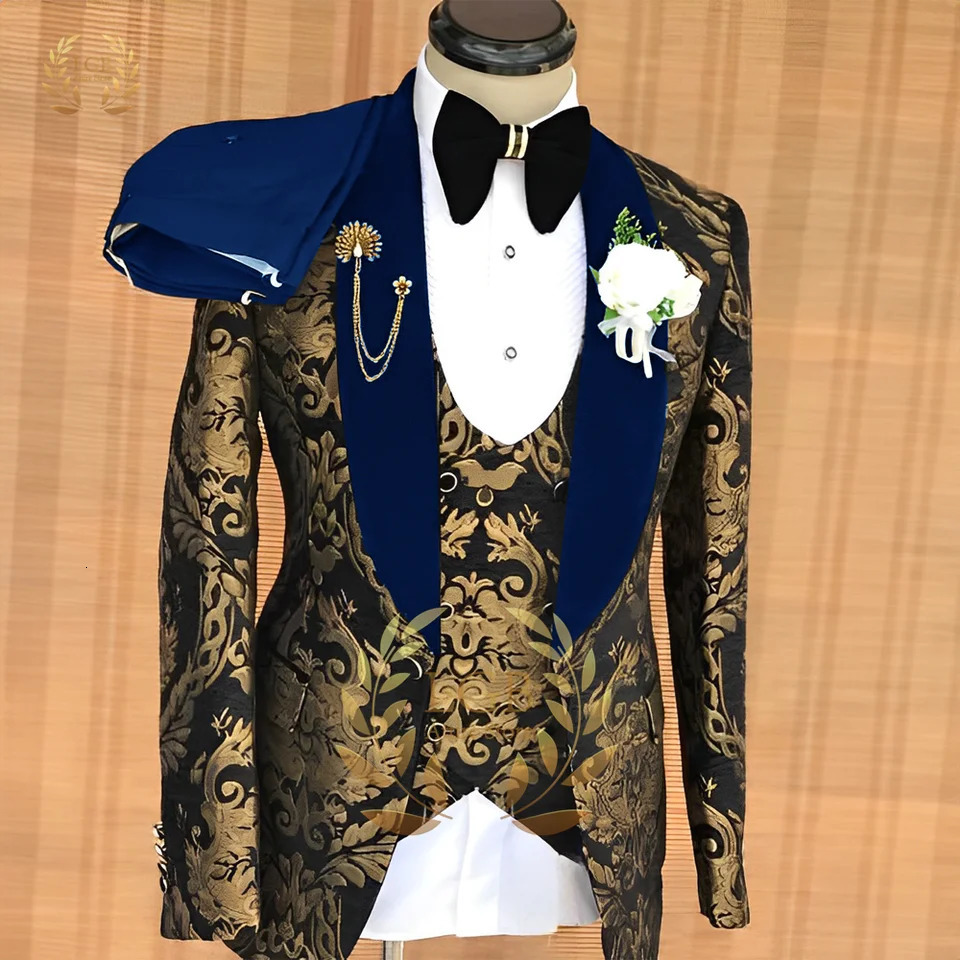 Mens Gold Jacquard Fashion Wedding SuitBlack Blazer Vest Pants 3 Piece SetGroom Party Formal Dress Custom Tuxedo 241225
