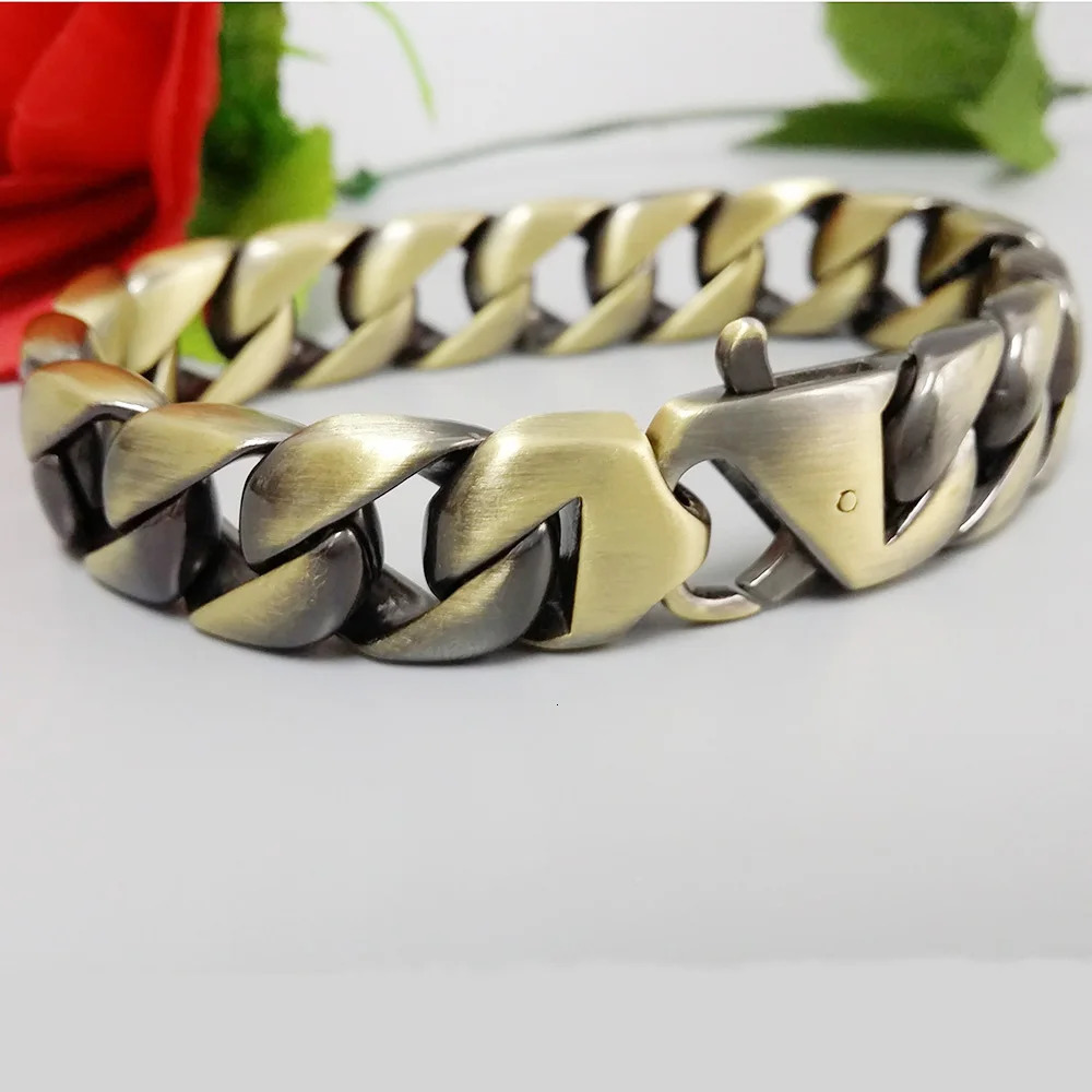 Vintage Bronze Matte Polished Mens Bracelet Curb Cuban Link Chain 316L Stainless Steel Bracelet 15mm Hip Hop Jewelry Gift 241225