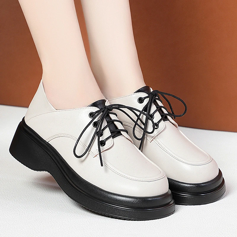 AIYUQI Loafers Women Genuine Leather Wedge Women's Spring Shoes Casual British Style Lace-up Women's Shoes
