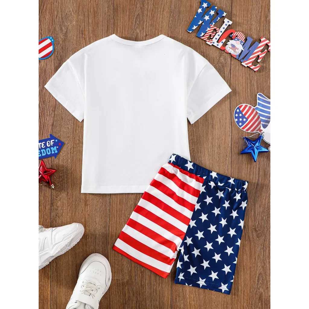 Clothing Sets 2PCS Summer Kids Girls Clothing Set Letter Printed Top+Independence Day Patterned Shorts Fashion Outfits for Children 4-7 YearsY241225VN