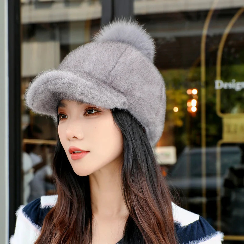 Y2K Fashion Mink Fur Hat Womens Winter Thick Warm Faux Mink Fur Cap Knight Hat Fur Duckbill Hat Baseball Cap Trendy Caps Womens 241225