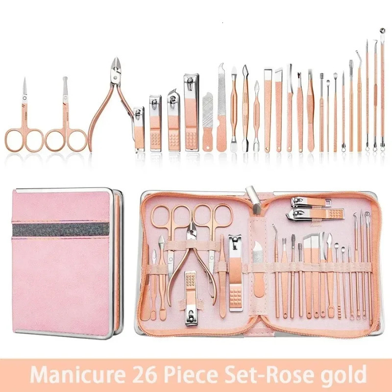 Nail Clipper Set Nail Art Set Zipper Bag 26 Pieces Rose Gold Dead Skin Pliers Pedicure Knife Needle Manicure Set 241225