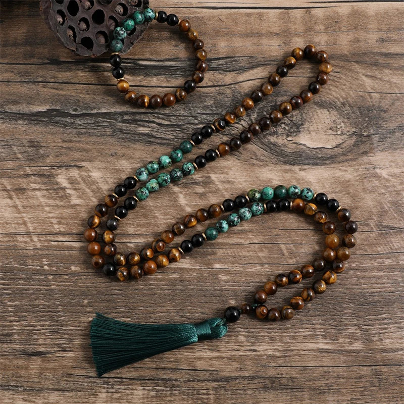 8mm yellow tiger eye Turquesa African black agate Japamala set meditation yoga spiritual jewelry 108 Mala bead tassel necklace 241223CJ