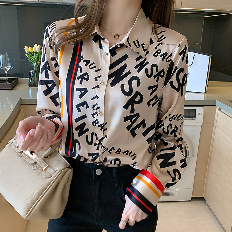 Lace-up Bow Letter Print Women Shirt Lantern Long Sleeve Chiffon Blouse V-Neck French Button Versatile Base Layer Loose