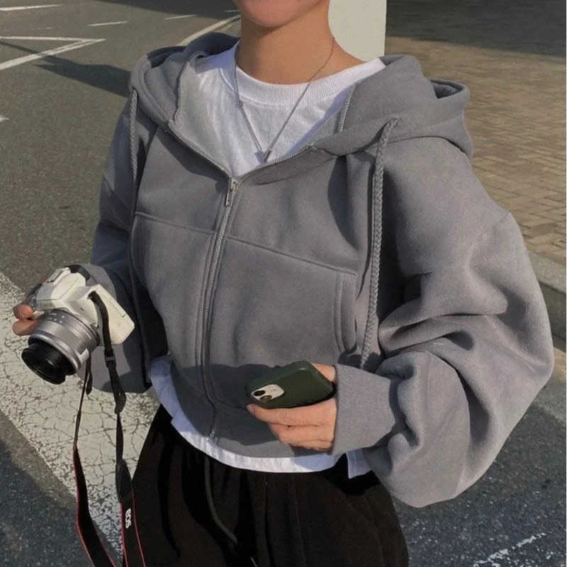Casual Hood Sweatshirt Women Y2K Zip Up Hoodies Solid Harajuku Long Sleeve Shirt Crop Tops Female Loose Jackets Coat 241225