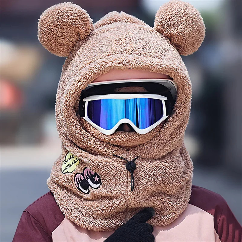 3D Bear Ear Skiing Helmet Cover Panda Skiing Plush Hats Comfortable Soft Wool Winter Outdoors Cute Riding Mask Keep Warm Caps 241225