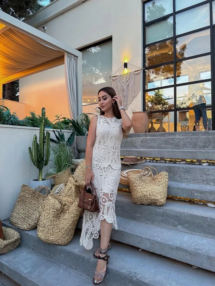 Crochet Knitted Asymmetric Womens Dress Set Chic Oneck Sleeveless Top Short Lining Skirt Suit 2023 Fashion Fairy Sweet Outfits 241220