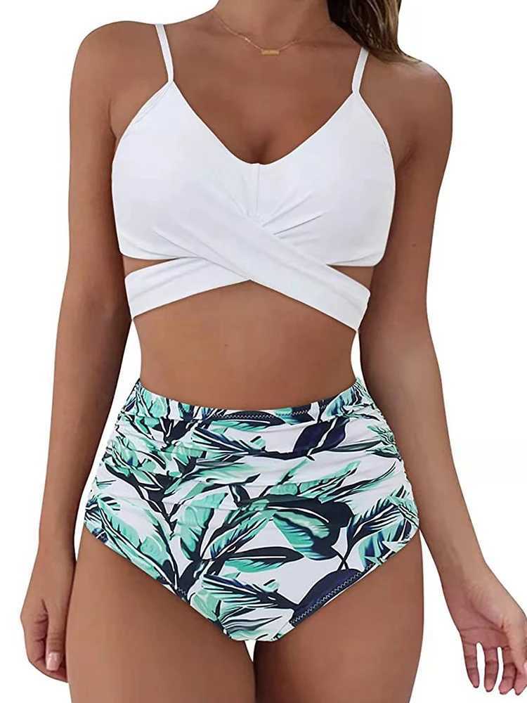 Womens high waisted push up swimsuit sexy leopard print cross bandage swimsuit womens bikini set plus size swimsuit 2024W241225