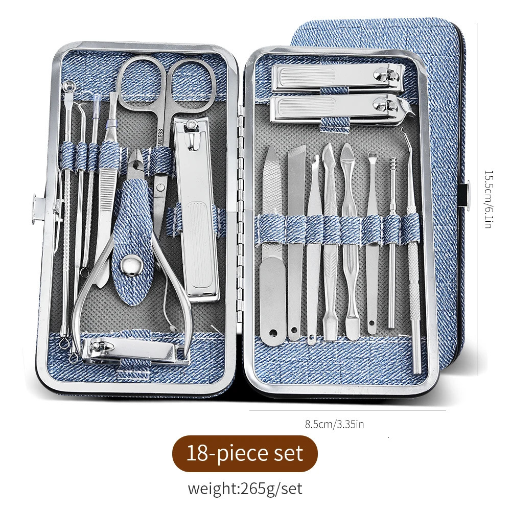18pcs Professional Manicure Pedicure Kit with Nail Clippers Files Ear Spoon - Portable Grooming Set in Faux Leather Case fo 241225