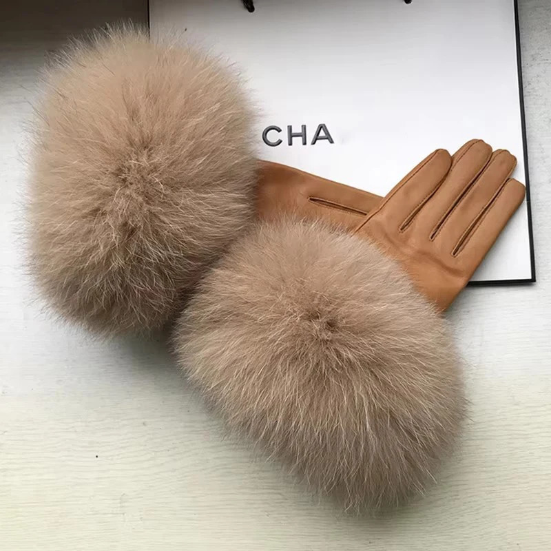 Chic Camel Color Real Big Fox Fur Womens Sheepskin Gloves Winter Plus Velvet Female Cycling Drive Warm Genuine Leather Gloves 241225