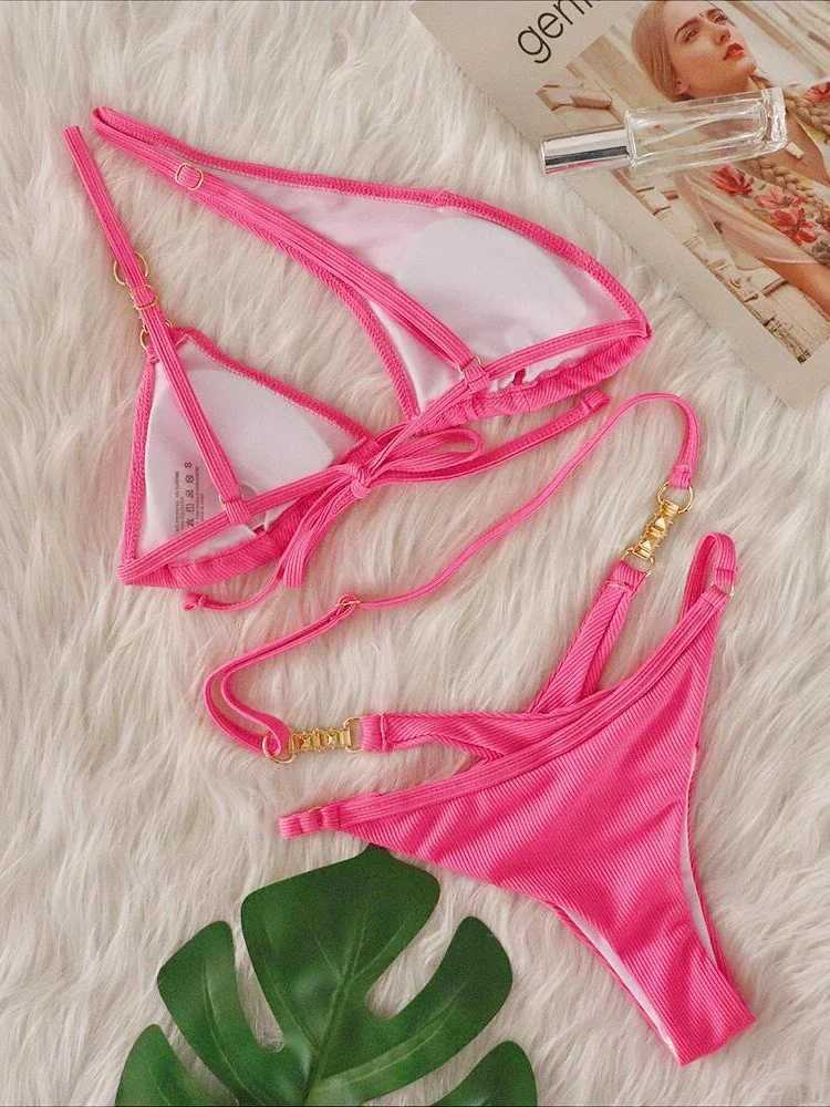 Circyy Pink Sexy Swimsuit Womens One Shoulder Bikini Set Lace Upward Shining Diamond Swimsuit Drawer Divided into Two BiquinisW241225