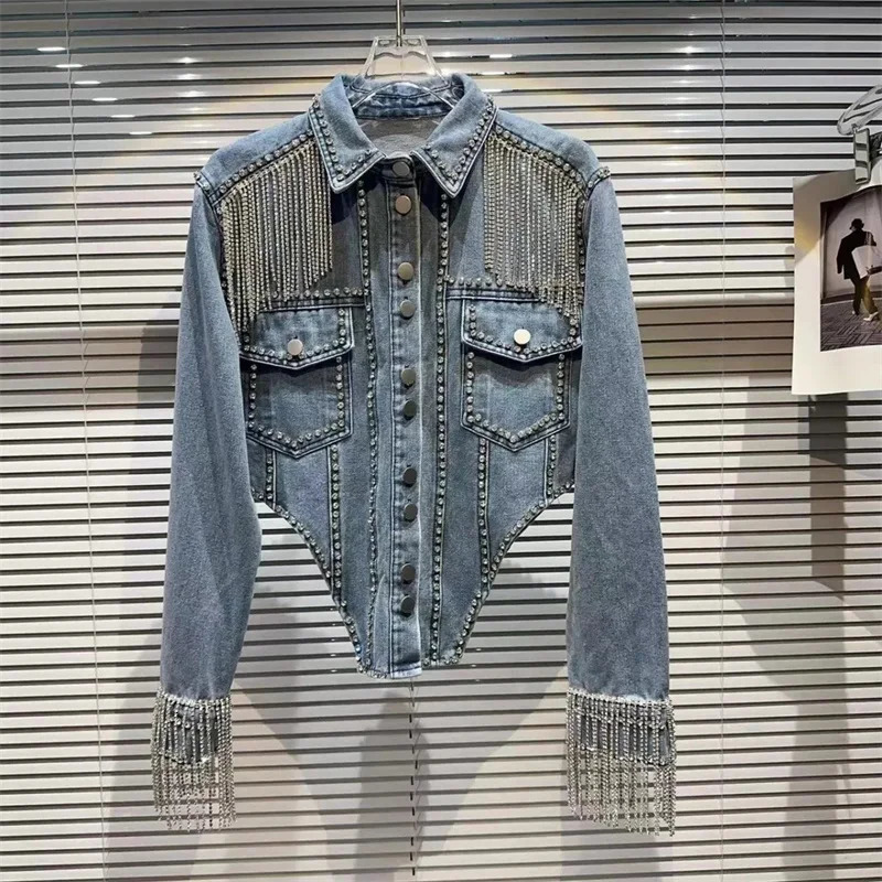 Streetwear Patchwork Denim Jacket Women Fashion Lapel Tassels Long Sleeve Loose Jean Coats Female Outerwear 241223