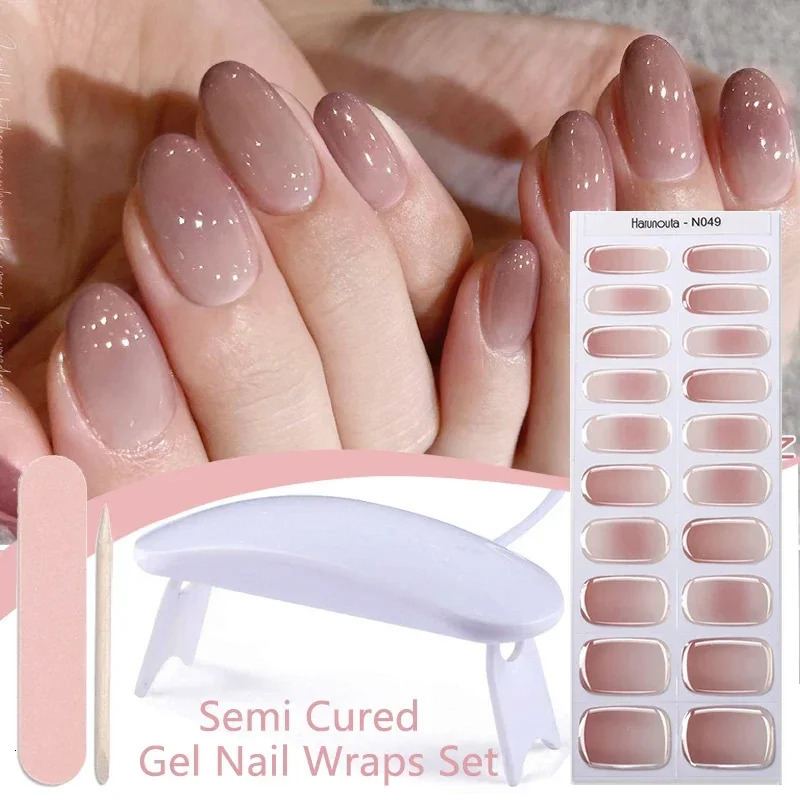 Harunouta 4pcs/set Gradient Jelly Semi Cured Gel Nail Strips with Nail Lamp Nude Pink Waterproof Nail Stickers Long Lasting Wrap 241225