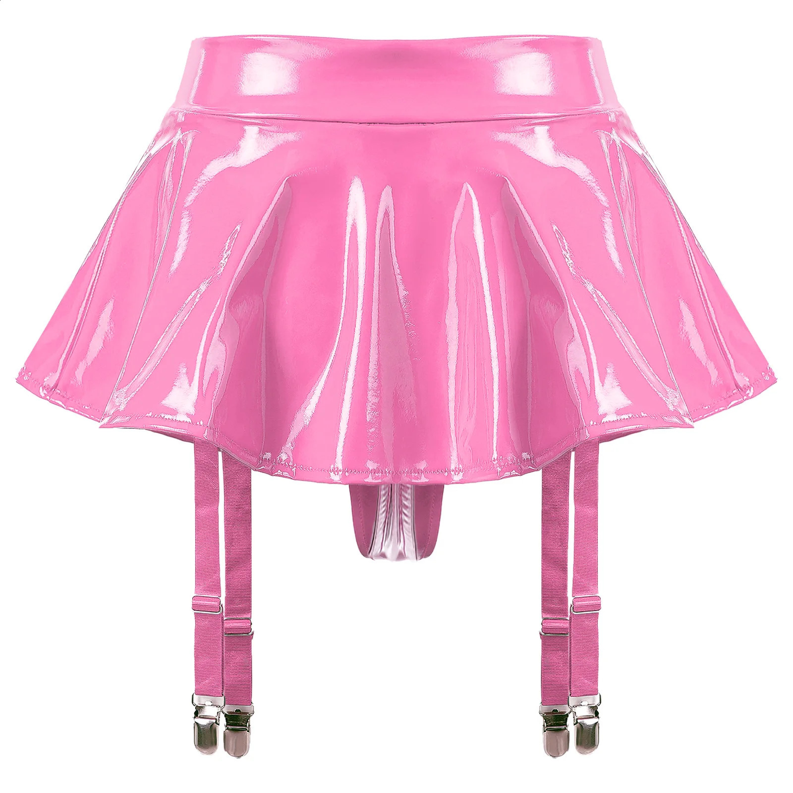 S4XL Womens Wet Look Patent Leather Ruffle Mini Skirt with Garter Belts Metal Clips Latex Miniskirt Rave Party Clubwear 241223