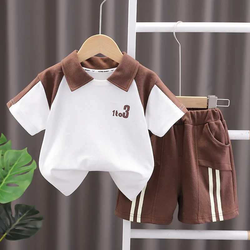 Clothing Sets Summer Children Boy Clothes Kid Lapel T-Shirts and Shorts Set Patchwork V Neck Top Bottom 2 Pieces Suit Fashion TracksuitsY241225Y6NG