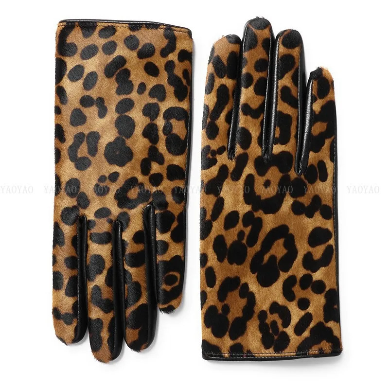 YY5388 Novelty Women Leopard Print Genuine Leather Gloves Ladies Short Winter Wool Lined Thick Luvas Botton Warm Guantes Mujer 241225