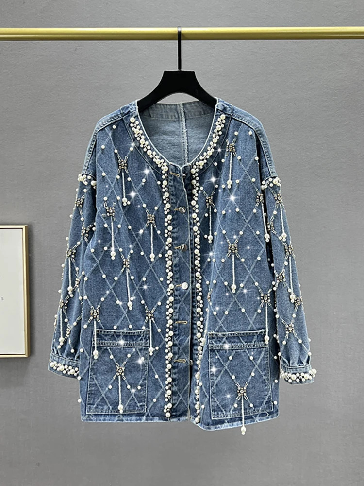 DEAT Womens Denim Coat Nail Drill Pearls Pendant Plaid O-neck Single Breasted Elegant Jackets 2025 Spring Fashion 29L7246 241223