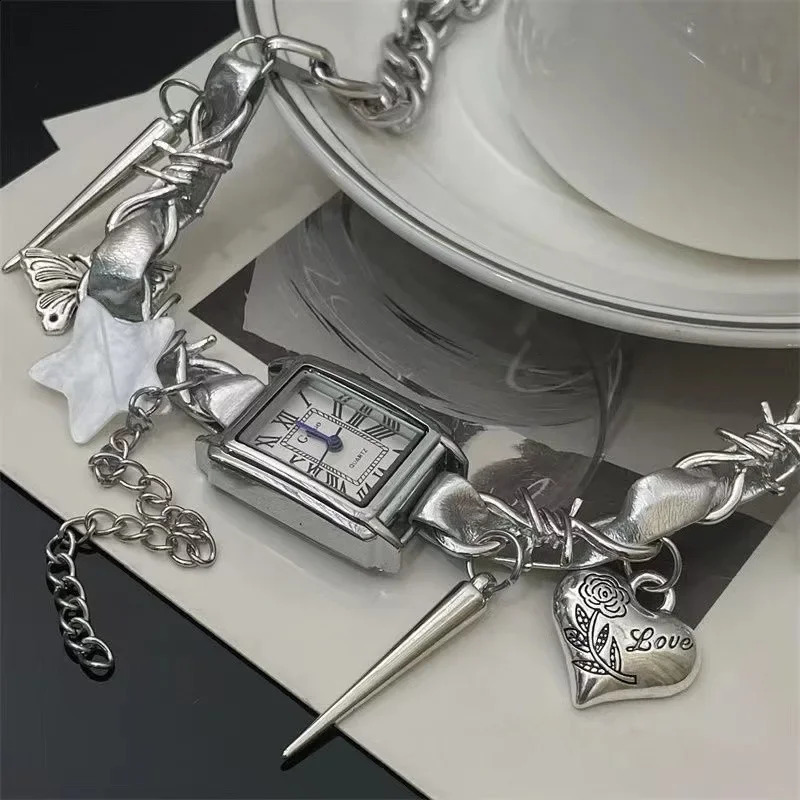 Y2K Cyberpunk Leather Watch Pendant Stainless Steel Necklace Butterfly Star Charm Necklace 241223