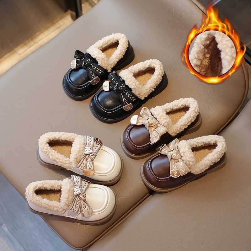 Athletic Outdoor 2-16 Years Old Girls Padded Leather Shoes Winter Beige Bow Girls Loafers Brown Soft Bottom Non-slip Childrens Snow Boots Shoes H24122