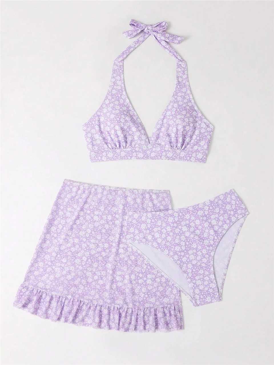 3-piece printed camisole bikini swimsuit with ruffled edge decoration beach skiing swimsuit 2024 womens beachwear womens swimsuitW241225