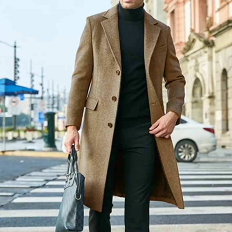 Winter Jakcets Man Long Business Casual Mans Jacket Warm Tweed Coat Lined Single Breasted Male Clothes 241225