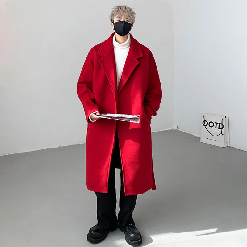 PFNW Autumn Mens Woolen Coat Casual Belt Thickened Single Breasted Solid Color Long Male Loose Trench Korean Style 12C968 241225