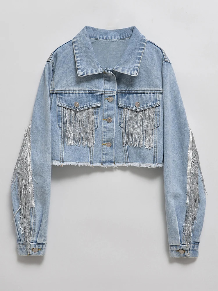 Fitaylor Autumn Winter Women Vintage Long-sleeve Loose Tassel Blue Short Denim Jacket Lady Single Breasted Pocket Jeans Coat 241223