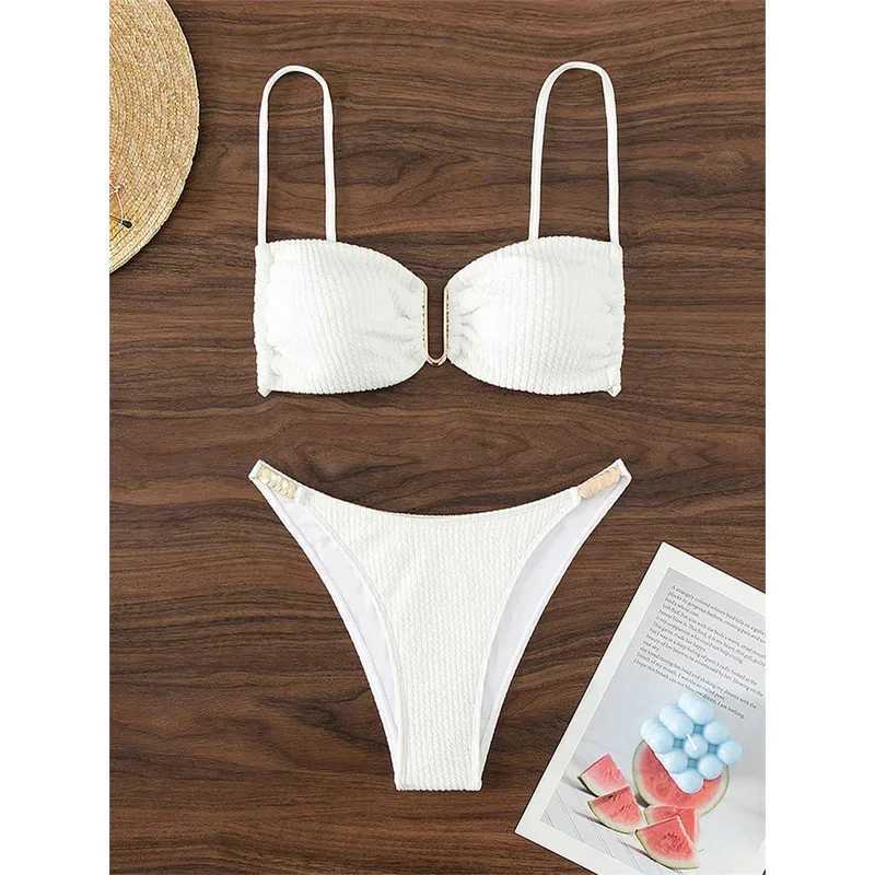 Sexy U-neck Bikini Set for Womens Pure White Black Push Up Folded Micro Swimsuit 2024 Brazilian Tailored Swimsuit thong SwimsuitW241225
