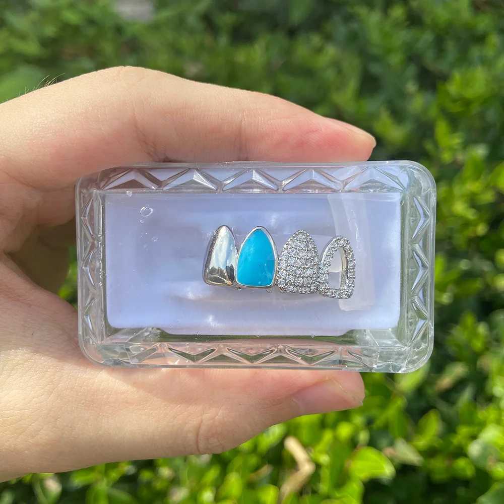 RACHELZ Hip Hop 4 Blue Color Tooth Cs Decor For Men Women Trend Hollow CZ Zircon Teeth Grillz Dental Grills JewelryXJ241225