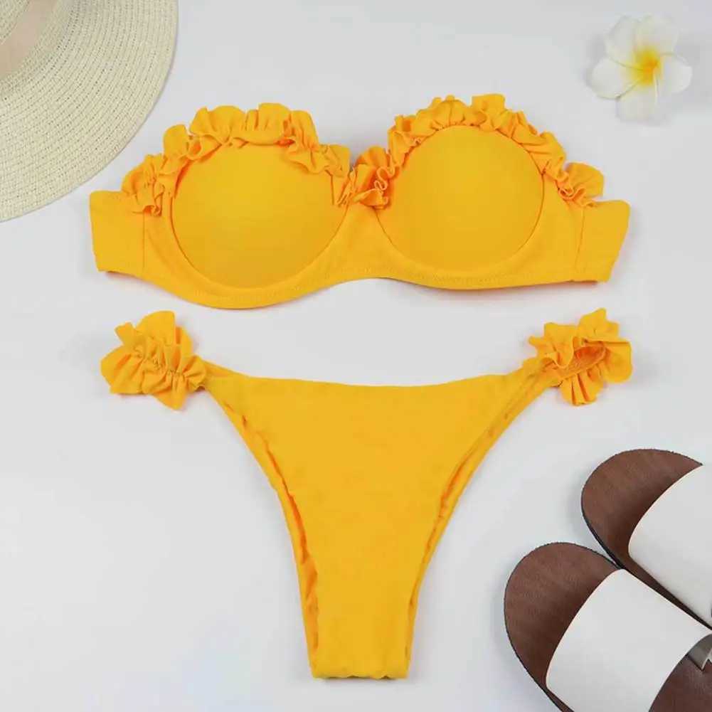 Two piece split swimsuit design with fashionable ruffled trim Bandeau bikini set suitable for women featuring a mid rise split top push up swimsuitW24
