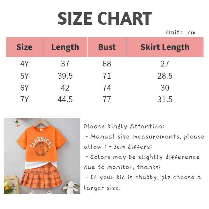 Clothing Sets 2PCS Children Girl Summer Clothes Set Short Sleeved Letter Print T-shirt+Plaid Skirt School Style Outfit Suit for Kids 4-7 YearsY241225C