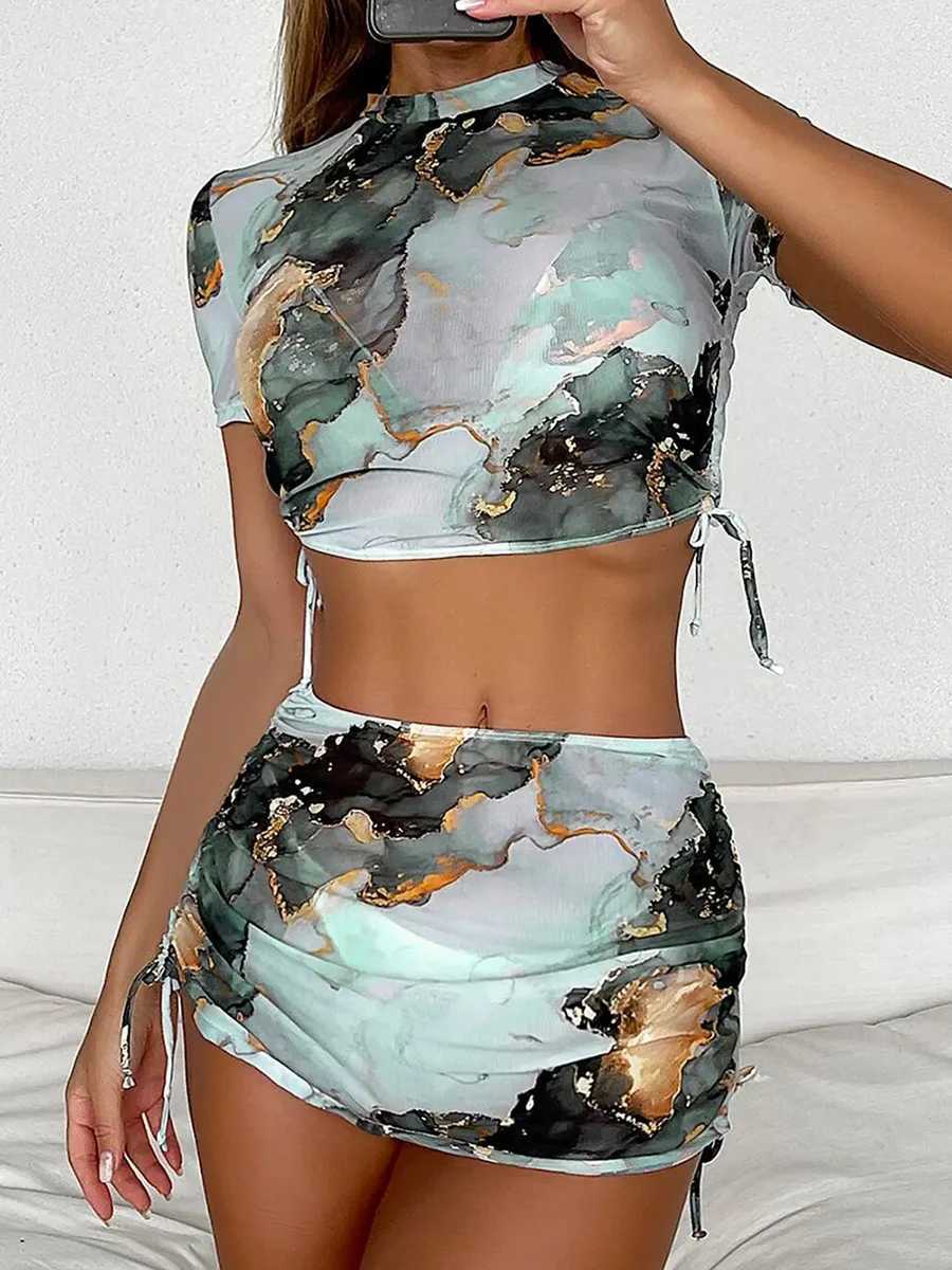 4 pieces of camisole bikini swimsuits marble print covering 2024 swimsuits womens beachwear shower swimsuits summer womens swimsuitsW241225