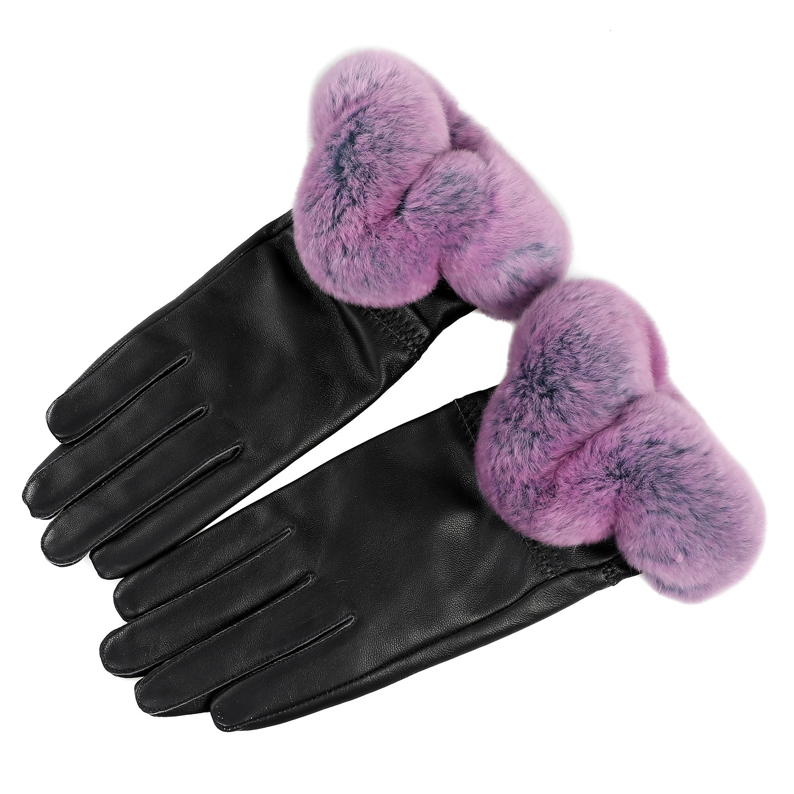 BOONJOVIA Elegant Womens Winter Warm Genuine Leather Gloves With Rex Rabbit Fur Trim Cuffs Velvet Lined 241225