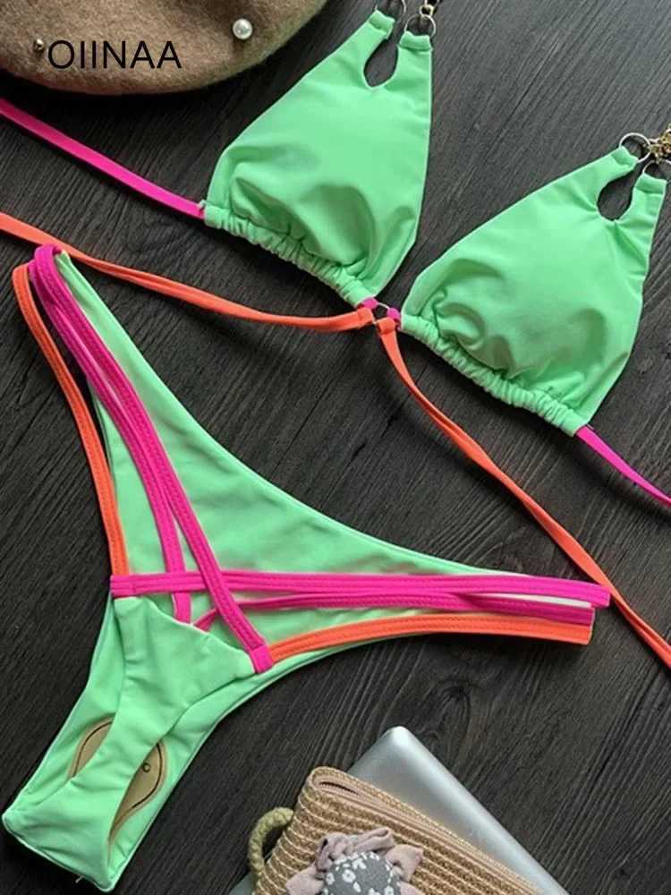 OIINAA swimsuit womens sexy suspender bikini set splicing work lace on yukata block color two pieces summer package BiquinisW241225