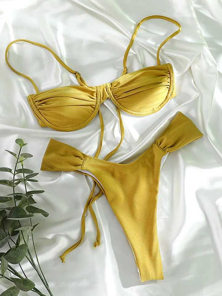 Rinabe Solid bikini push up swimsuit 2024 womens swimsuit bead bikini set mini thong Brazilian Biquini summer swimsuitW241225