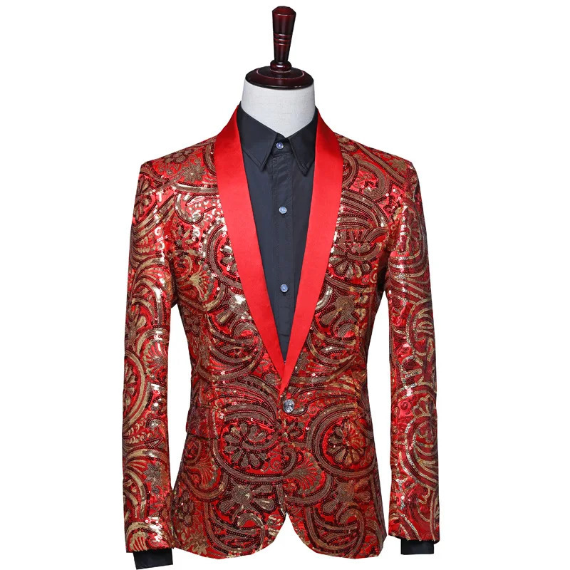Fashion Men y Sequin Blazer Jacket Red Blue Golden Male Prom Party Groom Wedding Dress Suit Coats 241225