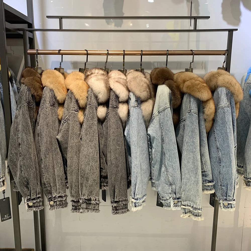 Women Real Fur Jean Coats Fashion Lady Clothes Fox Fur Collar Denim Jackets Streetwear Female Overcoat S3606 241220