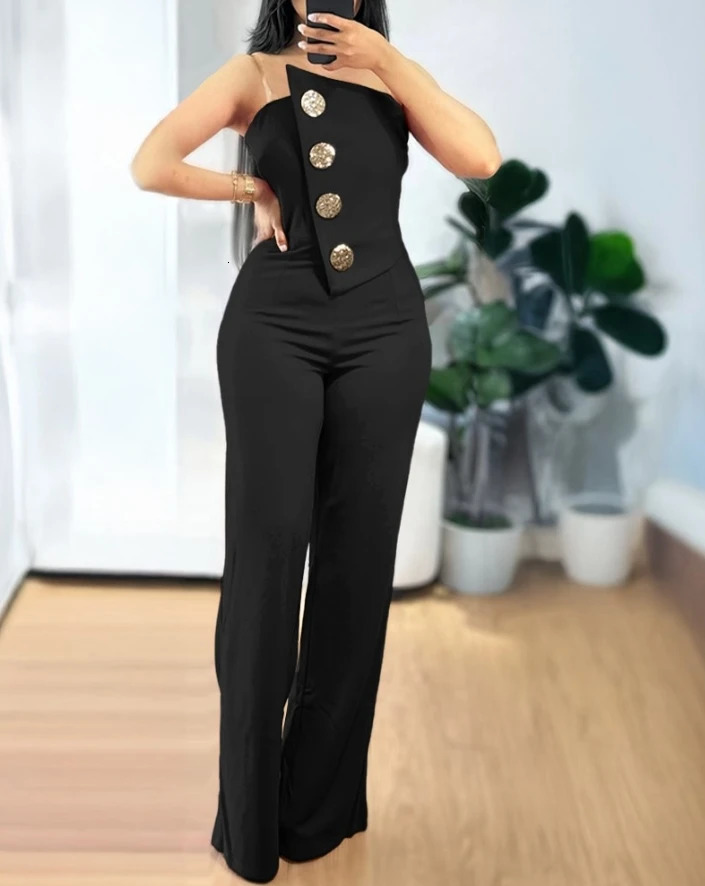 Sexy Asymmetrical Bandeau Strapless Jumpsuit Metal Button Decor Casual Overalls 2025 Woman Long Jumpsuits Elegant 241225